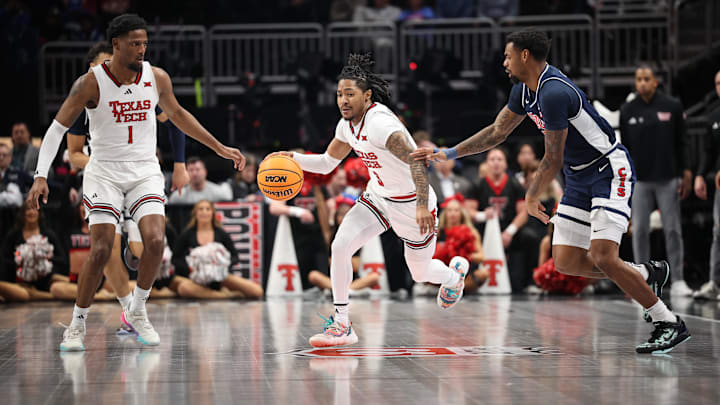 Mar 14, 2025; Kansas City, MO, USA; Texas Tech Red Raiders guard Elijah Hawkins (3) brings the ball up court during the first half against the Arizona Wildcats at T-Mobile Center. Mandatory Credit: William Purnell-Imagn Images