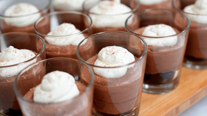 Dec 4, 2024; Augusta, Georgia, USA; Chocolate mousse during Helms College Dinner with a Chef night. Prospective students had the opportunity to learn more about the culinary program and sample some of the dishes they could learn to cook. Mandatory Credit: Katie Goodale - Augusta Chronicle/USA TODAY NETWORK