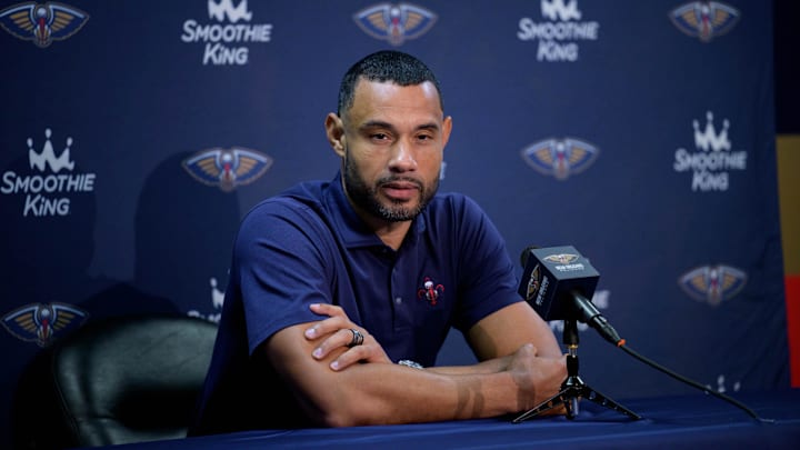 Oct 2, 2023; New Orleans, LA, USA; New Orleans Pelicans general manager Trajan Langdon speaks during Media Day at the Smoothie King Center. Mandatory Credit: Matthew Hinton-USA TODAY Sports