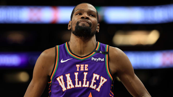 Mar 14, 2025; Phoenix, Arizona, USA; Phoenix Suns forward Kevin Durant (35) reacts against the Sacramento Kings at Footprint Center. Mandatory Credit: Mark J. Rebilas-Imagn Images