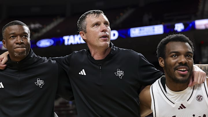 Nov 18, 2025; College Station, Texas, USA; Texas A&M Aggies head coach Bucky McMillan celebrates the win over  Montana Grizzlies at Reed Arena. Mandatory Credit: Maria Lysaker-Imagn Images 
