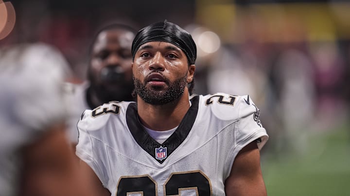 Sep 29, 2024; Atlanta, Georgia, USA; New Orleans Saints cornerback Marshon Lattimore (23) on the field against the Atlanta Falcons at Mercedes-Benz Stadium. Mandatory Credit: Dale Zanine-Imagn Images