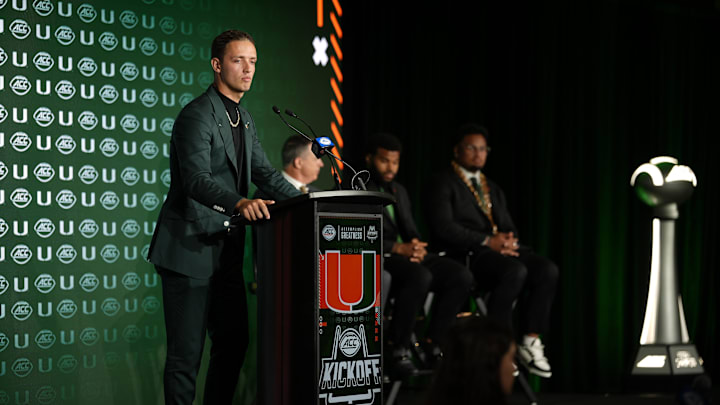 Jul 22, 2025; Charlotte, NC, USA; Miami quarterback Carson Beck answers questions from the media during ACC Media Days at Hilton Charlotte Uptown. Mandatory Credit: Jim Dedmon-Imagn Images