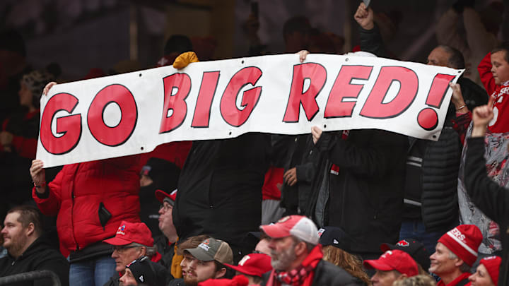 Nebraska fans hold up a sign during 2024 Pinstripe Bowl.