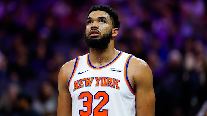 Jan 14, 2026; Sacramento, California, USA; New York Knicks center Karl-Anthony Towns (32) looks up during the third quarter against the Sacramento Kings at Golden 1 Center. Mandatory Credit: Sergio Estrada-Imagn Images