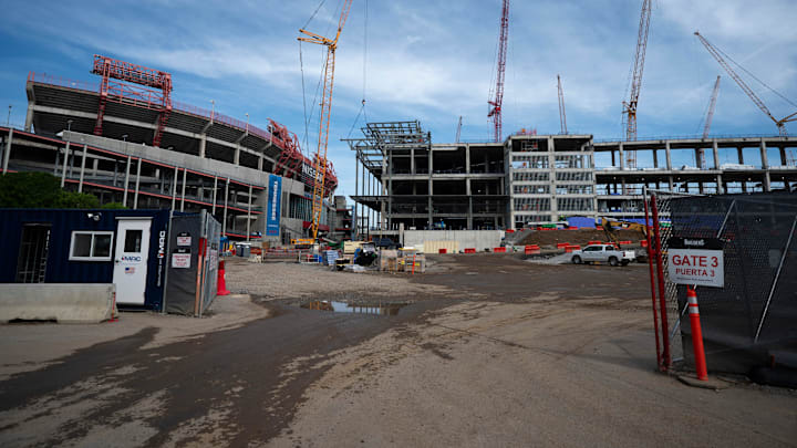 Construction continues on the new Nissan Stadium, future home of the Tennessee Titans, at Nissan Stadium in Nashville, Tenn., Tuesday, April 22, 2025.