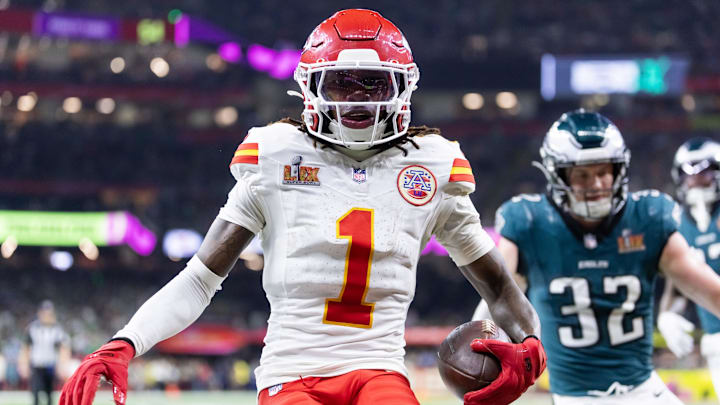 Feb 9, 2025; New Orleans, LA, USA;  Kansas City Chiefs wide receiver Xavier Worthy (1) against the Philadelphia Eagles in Super Bowl LIX at Ceasars Superdome. Mandatory Credit: Mark J. Rebilas-Imagn Images