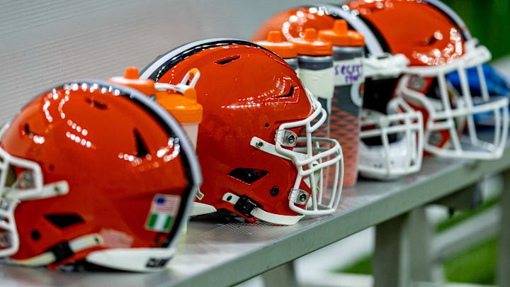 Nov 17, 2024; New Orleans, Louisiana, USA; Detailed view of the Cleveland Browns helmets on a time out against the New Orleans Saints during the first half at Caesars Superdome. Mandatory Credit: Stephen Lew-Imagn Images Nov 17, 2024; New Orleans, Louisiana, USA; Detailed view of the Cleveland Browns helmets on a time out against the New Orleans Saints during the first half at Caesars Superdome. Mandatory Credit: Stephen Lew-Imagn Images