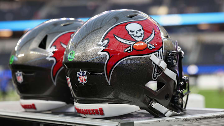  Tampa Bay Buccaneers football helmets are seen on the sideline before the game against the Los Angeles Rams