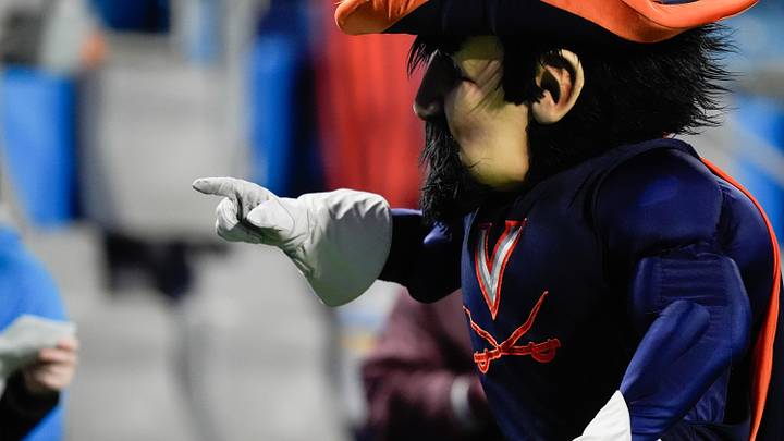 Dec 6, 2025; Charlotte, NC, USA; Virginia Cavaliers mascot reacts in the first half against the Duke Blue Devils during the 2025 ACC Championship game at Bank of America Stadium. Mandatory Credit: Jim Dedmon-Imagn Images