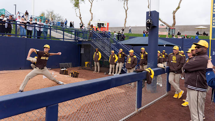 Mar 7, 2025; Phoenix, Arizona, USA; San Diego Padres pitcher Kyle Hart (68) warms up for the first inning of a spring training game against the San Diego Padres at American Family Fields of Phoenix. Mandatory Credit: Allan Henry-Imagn Images
