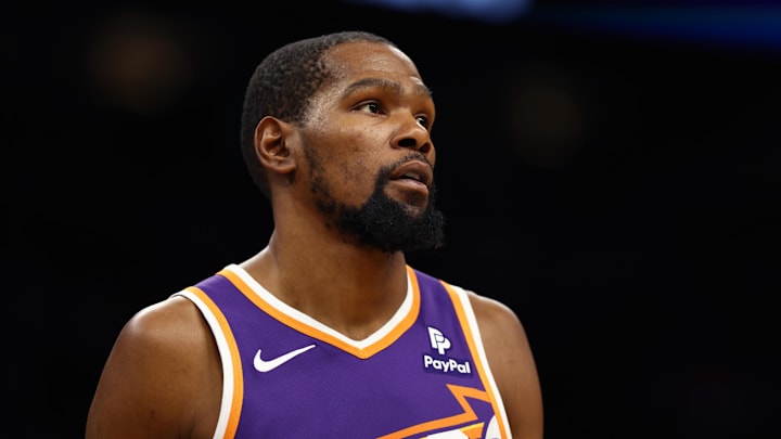 Mar 3, 2024; Phoenix, Arizona, USA; Phoenix Suns forward Kevin Durant (35) against the Oklahoma City Thunder at Footprint Center. Mandatory Credit: Mark J. Rebilas-USA TODAY Sports
