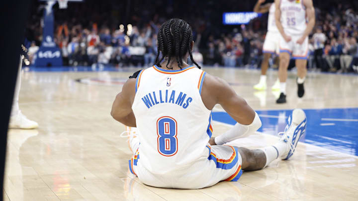 Nov 20, 2024; Oklahoma City, Oklahoma, USA; Oklahoma City Thunder forward Jalen Williams (8) reacts after scoring against the Portland Trail Blazers during the second half at Paycom Center. Mandatory Credit: Alonzo Adams-Imagn Images Nov 20, 2024; Oklahoma City, Oklahoma, USA; Oklahoma City Thunder forward Jalen Williams (8) reacts after scoring against the Portland Trail Blazers during the second half at Paycom Center. Mandatory Credit: Alonzo Adams-Imagn Images