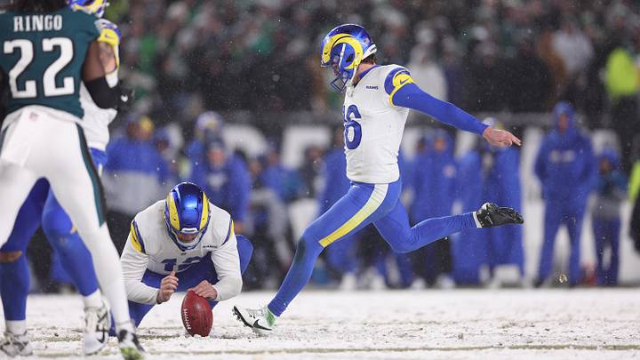 Jan 19, 2025; Philadelphia, Pennsylvania, USA; Los Angeles Rams place kicker Joshua Karty (16) kicks an extra point in the second half against the Philadelphia Eagles in a 2025 NFC divisional round game at Lincoln Financial Field. Mandatory Credit: Bill Streicher-Imagn Images Jan 19, 2025; Philadelphia, Pennsylvania, USA; Los Angeles Rams place kicker Joshua Karty (16) kicks an extra point in the second half against the Philadelphia Eagles in a 2025 NFC divisional round game at Lincoln Financial Field. Mandatory Credit: Bill Streicher-Imagn Images
