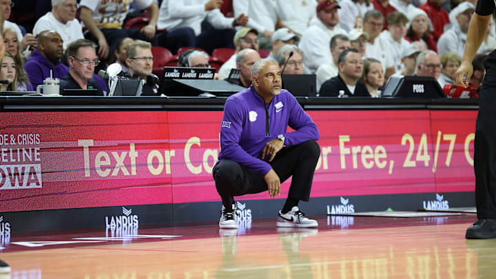 Feb 1, 2025; Ames, Iowa, USA;  Kansas State Wildcats head coach Jerome Tang watches his team play the Iowa State Cyclones during the first half at James H. Hilton Coliseum. Mandatory Credit: Reese Strickland-Imagn Images