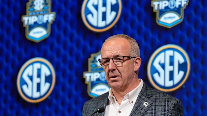 Southeastern Conference commissioner Greg Sankey speaks during SEC Media Day at the Grand Bohemian Hotel in Mountain Brook Tuesday, Oct. 16, 2024.