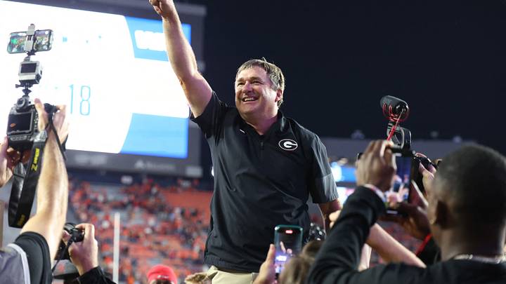 Oct 11, 2025; Auburn, Alabama, USA; Georgia Bulldogs head coach Kirby Smart celebrates after the Bulldogs beat the Auburn Tigers at Jordan-Hare Stadium. Mandatory Credit: John Reed-Imagn Images Oct 11, 2025; Auburn, Alabama, USA; Georgia Bulldogs head coach Kirby Smart celebrates after the Bulldogs beat the Auburn Tigers at Jordan-Hare Stadium. Mandatory Credit: John Reed-Imagn Images