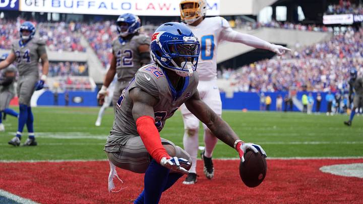 Buffalo Bills safety C.J. Gardner-Johnson (22) returns an interception for 41 yards during the fourth quarter against the Los Angeles Chargers at Former Highmark Stadium Buffalo Bills safety C.J. Gardner-Johnson (22) returns an interception for 41 yards during the fourth quarter against the Los Angeles Chargers at Former Highmark Stadium