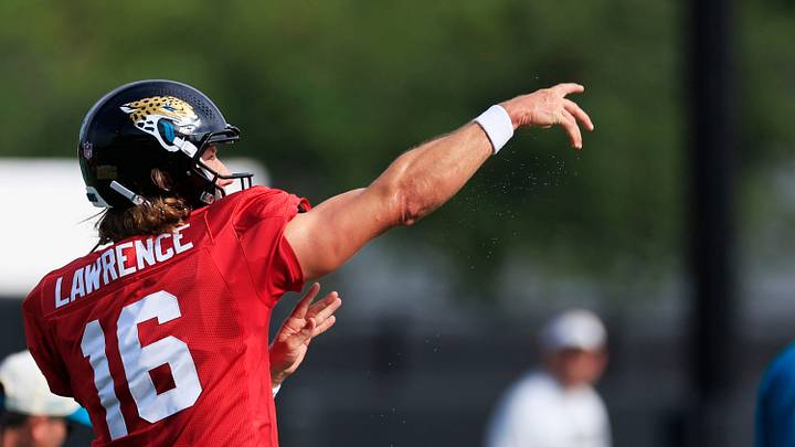 Jacksonville Jaguars quarterback Trevor Lawrence (16) throws the ball during a joint Buccaneers‑Jaguars NFL practice at the Miller Electric Center on Tuesday, Aug. 25, 2026, in Jacksonville, Fla. Jacksonville Jaguars quarterback Trevor Lawrence (16) throws the ball during a joint Buccaneers‑Jaguars NFL practice at the Miller Electric Center on Tuesday, Aug. 25, 2026, in Jacksonville, Fla.