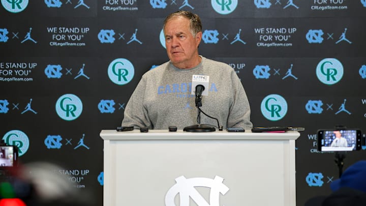 North Carolina Head Coach Bill Belichick speaking to the press before the Tar Heels' first practice of fall camp on Saturday, Aug. 2, 2025