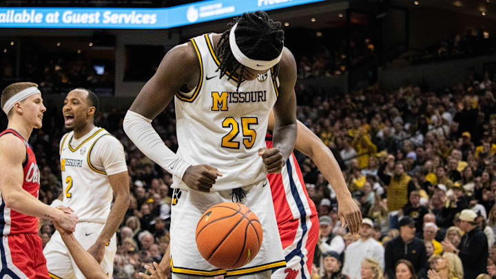 Jan. 25 2025; Columbia, Missouri, USA; Missouri Tigers forward Mark Mitchell celebrates during a game against Ole Miss at Mizzou Arena. 