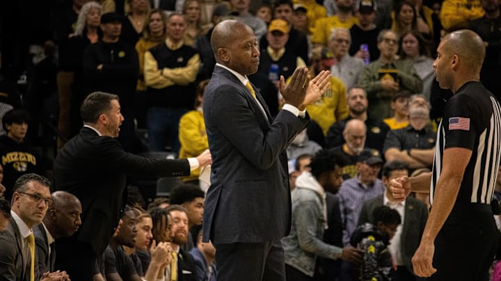 Feb. 9, 2025; Columbia, Missouri, USA; Missouri Tigers head coach Dennis Gates during against the Texas A&M Aggies at Mizzou Arena.
