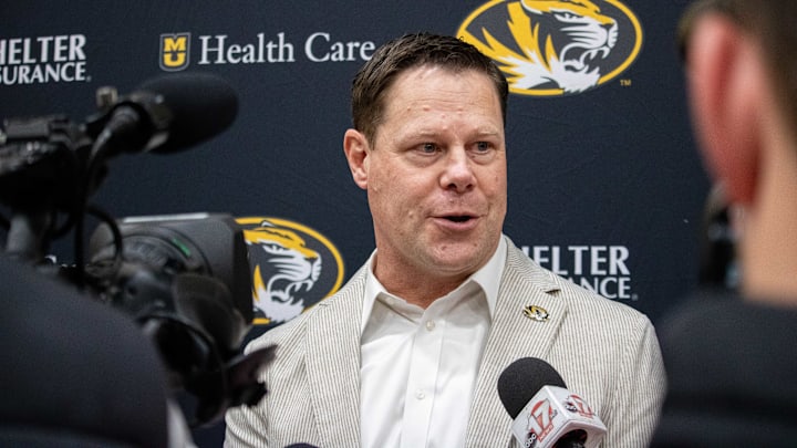 March 31, 2025; Columbia, Missouri, USA; University of Missouri director of athletics answers questions after introducing Kellie Harper as the program's new women's basketball head coach in the Mizzou Arena practice gym.