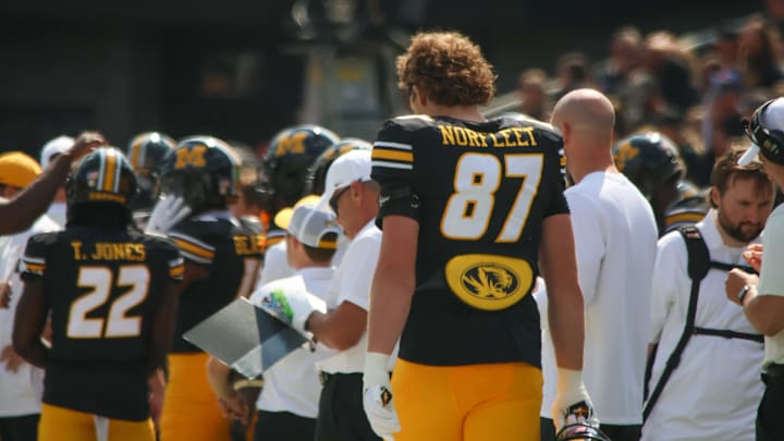Sep 6, 2025; Columbia, Missouri, USA; Missouri Tigers tight end Brett Norfleet stands on the Tigers' sideline between plays. 