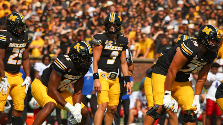 Sep 6, 2025; Columbia, Missouri, USA; Missouri Tigers quarterback Beau Pribula waits for a signal ahead of a snap against Kansas.