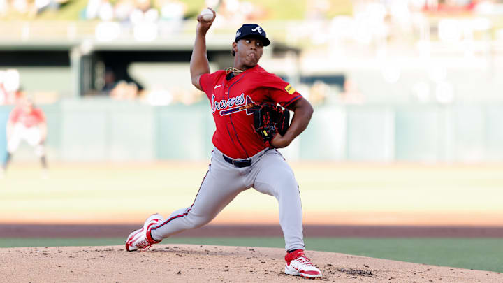 Jul 8, 2025; West Sacramento, California, USA; Atlanta Braves starting pitcher Didier Fuentes (75) throws a pitch during the first inning against the Athletics at Sutter Health Park. Mandatory Credit: Sergio Estrada-Imagn Images