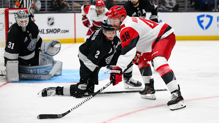 Oct 18, 2025; Los Angeles, California, USA; Carolina Hurricanes left wing Jordan Martinook (48) shoots during the third period against the Los Angeles Kings at Crypto.com Arena. Mandatory Credit: William Liang-Imagn Images Oct 18, 2025; Los Angeles, California, USA; Carolina Hurricanes left wing Jordan Martinook (48) shoots during the third period against the Los Angeles Kings at Crypto.com Arena. Mandatory Credit: William Liang-Imagn Images
