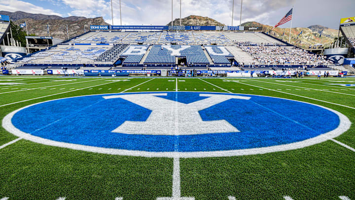 BYU logo at Lavell Edwards Stadium