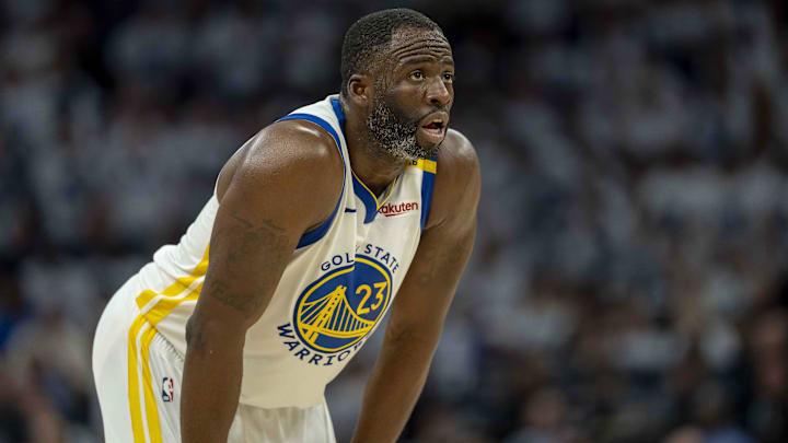 May 8, 2025; Minneapolis, Minnesota, USA; Golden State Warriors forward Draymond Green (23) looks on against the Minnesota Timberwolves in the second half during game two of the second round for the 2025 NBA Playoffs at Target Center. Mandatory Credit: Jesse Johnson-Imagn Images