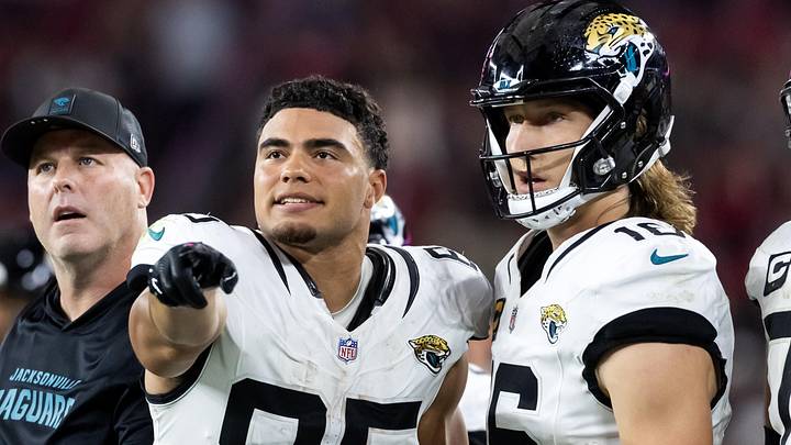 Nov 23, 2025; Glendale, Arizona, USA; Jacksonville Jaguars tight end Brenton Strange (85) and quarterback Trevor Lawrence (16) against the Arizona Cardinals at State Farm Stadium. Mandatory Credit: Mark J. Rebilas-Imagn Images