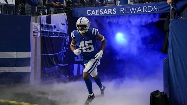 Indianapolis Colts linebacker E.J. Speed (45) takes the field Sunday, Jan. 8, 2023, before a game against the Houston Texans at Lucas Oil Stadium in Indianapolis. Indianapolis Colts linebacker E.J. Speed (45) takes the field Sunday, Jan. 8, 2023, before a game against the Houston Texans at Lucas Oil Stadium in Indianapolis.
