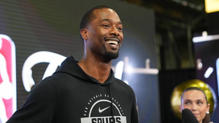 Jun 2, 2026; San Antonio, TX, USA;  San Antonio Spurs forward Harrison Barnes (40) smiles during media day for the 2026 NBA Finals at Frost Bank Center. Mandatory Credit: Daniel Dunn-Imagn Images