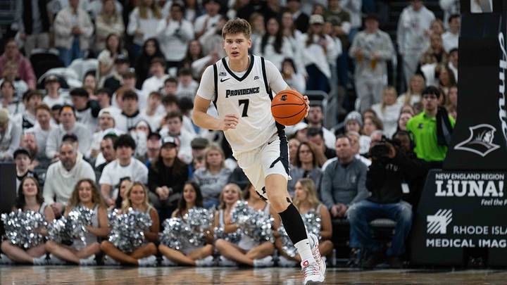 Feb 14, 2026; Providence, Rhode Island, USA; Providence College Friars guard Stefan Vaaks (7) dribbles during the first half of the game against the St. John’s University Red Storm at Amica Mutual Pavilion. Mandatory Credit: Natalie Reid-Imagn Images