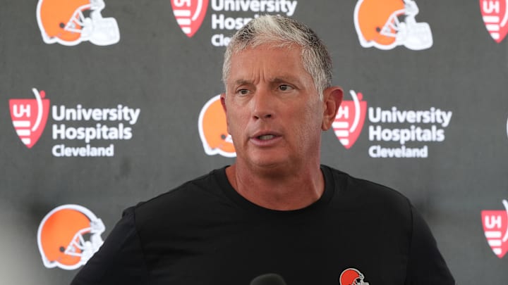 Aug 5, 2024; Cleveland Browns defensive coordinator Jim Schwartz during a press conference at the Browns training facility in Berea, Ohio. Mandatory Credit: Bob Donnan-Imagn Images