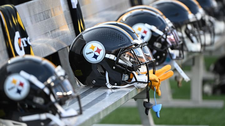 Aug 9, 2024; Pittsburgh, Pennsylvania, USA;  Pittsburgh Steelers helmets sit on the bench during the 3rd quarter against the Houston Texans at Acrisure Stadium. Mandatory Credit: Barry Reeger-Imagn Images
