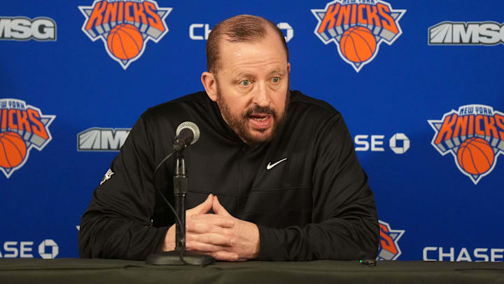 Mar 7, 2025; Inglewood, California, USA; New York Knicks coach Tom Thibodeau at a press conference at the Intuit Dome. Mandatory Credit: Kirby Lee-Imagn Images