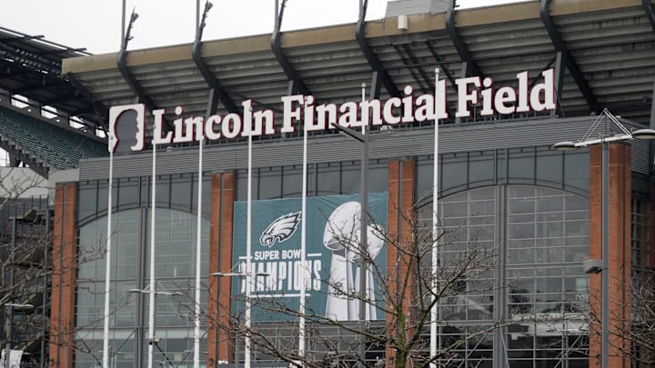 A general overall view of Philadelphia Eagles Super Bowl Champions banner on the Lincoln Financial Field facade.