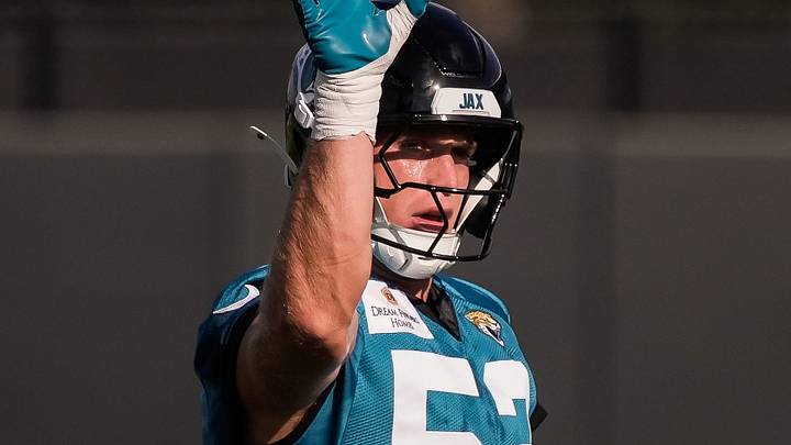 Jacksonville Jaguars Linebacker Parker Hughes (53) throws back the ball after catching a pass during the Jacksonville Jaguars 10th day of NFL Training Camp at the Miller Electric Center in Jacksonville, Fla., Sunday, August 9, 2026. 