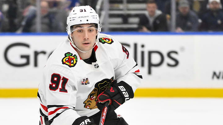 Dec 12, 2025; St. Louis, Missouri, USA; Chicago Blackhawks center Frank Nazar (91) controls the puck against the St. Louis Blues during the first period at Enterprise Center. Mandatory Credit: Jeff Curry-Imagn Images Dec 12, 2025; St. Louis, Missouri, USA; Chicago Blackhawks center Frank Nazar (91) controls the puck against the St. Louis Blues during the first period at Enterprise Center. Mandatory Credit: Jeff Curry-Imagn Images