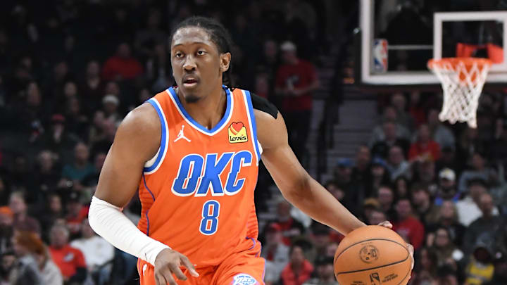 Nov 1, 2024; Portland, Oregon, USA; Oklahoma City Thunder guard/forward Jalen Williams (8) brings the ball up court during the second quarter at Moda Center. Mandatory Credit: Brian Murphy-Imagn Images