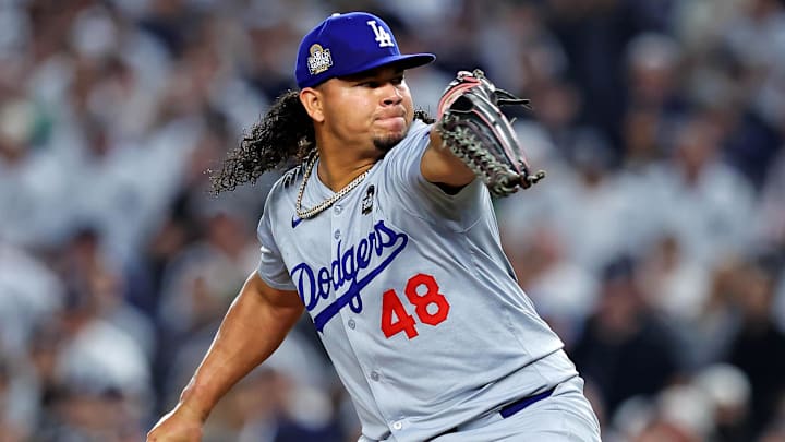 Oct 30, 2024; New York, New York, USA; Los Angeles Dodgers pitcher Brusdar Graterol (48) pitches during the sixth inning against the New York Yankees in game four of the 2024 MLB World Series at Yankee Stadium. Mandatory Credit: Brad Penner-Imagn Images