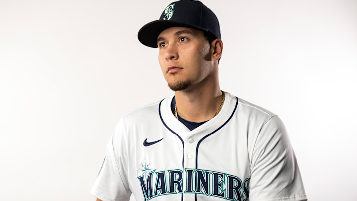 Feb 20, 2025; Peoria, AZ, USA; Seattle Mariners pitcher Brandyn Garcia poses for a portrait during media day at Peoria Sports Complex. Mandatory Credit: Mark J. Rebilas-Imagn Images