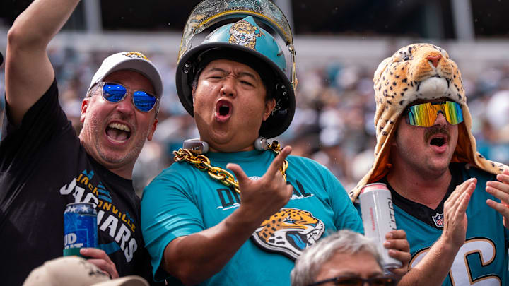 Jaguar fans show the support during the second quarter of an NFL football game between the Carolina Panthers at Jacksonville Jaguars at EverBank Stadium Sunday September 7, 2025. [Doug Engle/Florida Times-Union]