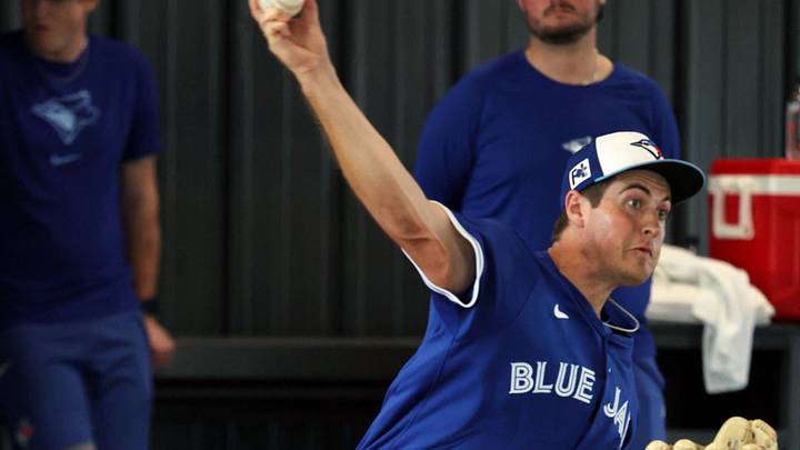 Feb 15, 2025; Dunedin, FL, USA; ]Toronto Blue Jays pitcher Jake Bloss (39) during spring training workouts at TD Ballpark. Mandatory Credit: Kim Klement Neitzel-Imagn Images