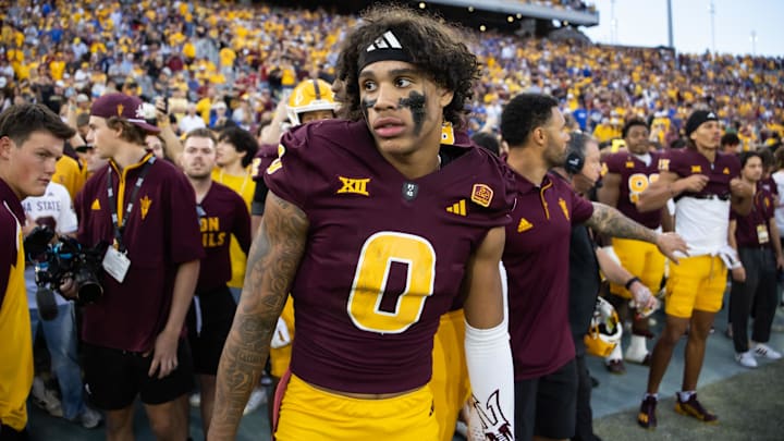 Nov 23, 2024; Tempe, Arizona, USA; Arizona State Sun Devils wide receiver Jordyn Tyson (0) against the Brigham Young Cougars at Mountain America Stadium. Mandatory Credit: Mark J. Rebilas-Imagn Images
Nov 23, 2024; Tempe, Arizona, USA; Arizona State Sun Devils wide receiver Jordyn Tyson (0) against the Brigham Young Cougars at Mountain America Stadium. Mandatory Credit: Mark J. Rebilas-Imagn Images