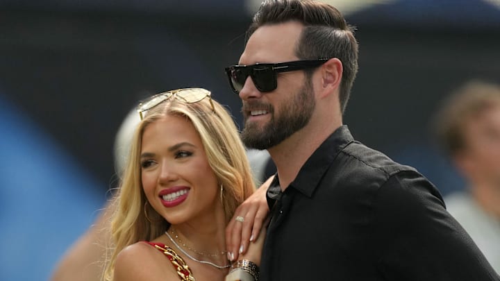 Gracie Hunt, the daughter of Kansas City Chiefs owner Clark Hunt, with boyfriend Cody Keith at SoFi Stadium. 